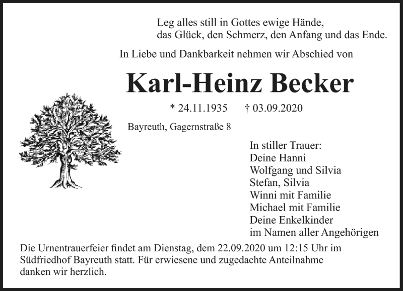  Traueranzeige für Karl-Heinz Becker vom 21.09.2020 aus Nordbayerischer Kurier