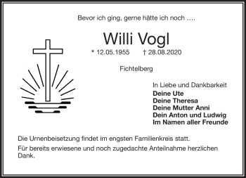 Anzeige von Willi Vogl von Nordbayerischer Kurier