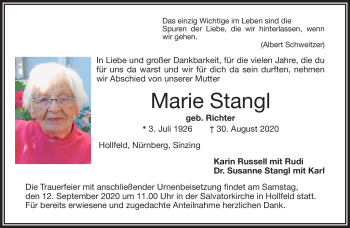 Anzeige von Marie Stangl von Nordbayerischer Kurier