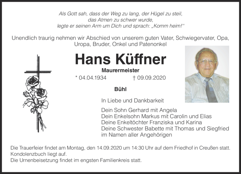  Traueranzeige für Hans Küffner vom 14.09.2020 aus Nordbayerischer Kurier
