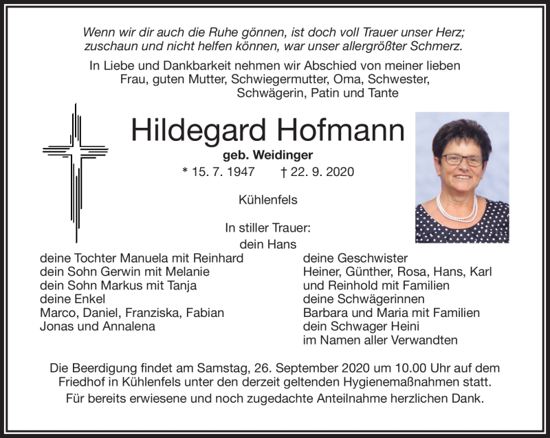  Traueranzeige für Hildegard Hofmann vom 24.09.2020 aus Nordbayerischer Kurier