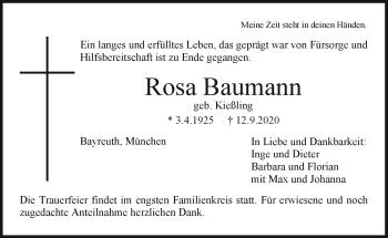 Anzeige von Rosa Baumann von Nordbayerischer Kurier