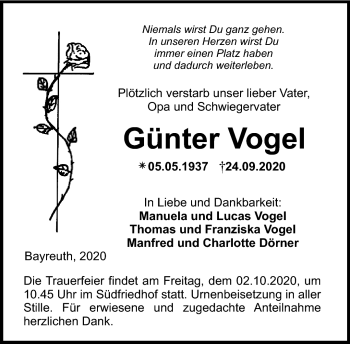 Anzeige von Günter Vogel von Nordbayerischer Kurier