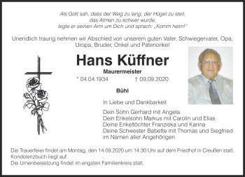 Anzeige von Hans Küffner von Nordbayerischer Kurier