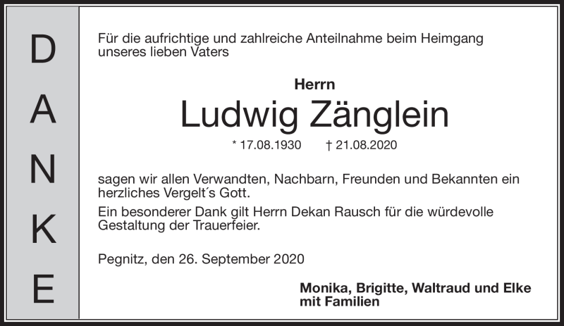  Traueranzeige für Ludwig Zänglein vom 26.09.2020 aus Nordbayerischer Kurier