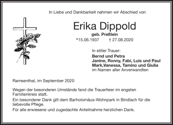 Anzeige von Erika Dippold von Nordbayerischer Kurier