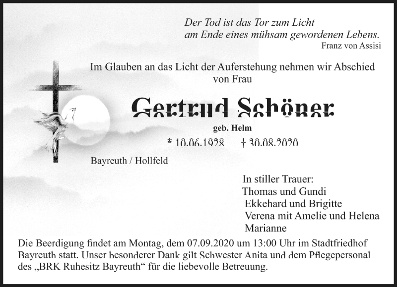  Traueranzeige für Gertrud Schöner vom 04.09.2020 aus Nordbayerischer Kurier