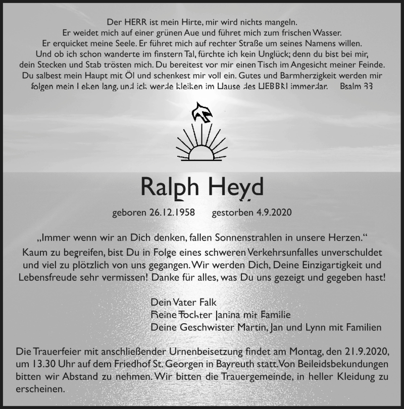  Traueranzeige für Ralph Heyd vom 17.09.2020 aus Nordbayerischer Kurier