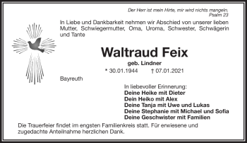 Anzeige von Waltraud Feix von Nordbayerischer Kurier