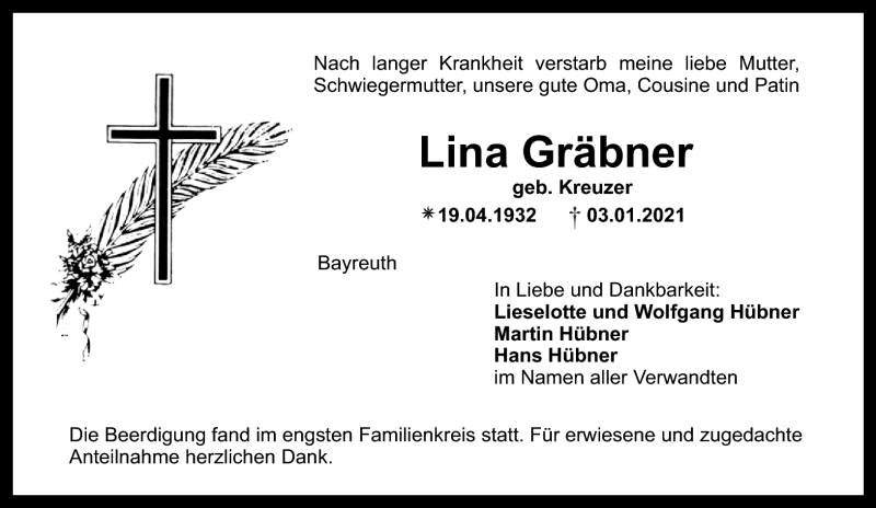  Traueranzeige für Lina Gräbner vom 09.01.2021 aus Nordbayerischer Kurier