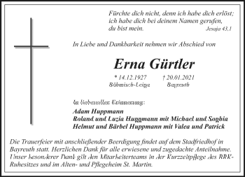 Anzeige von Erna Gürtler von Nordbayerischer Kurier