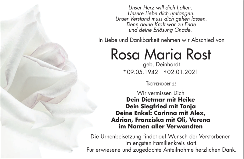  Traueranzeige für Rosa Maria Rost vom 08.01.2021 aus Nordbayerischer Kurier