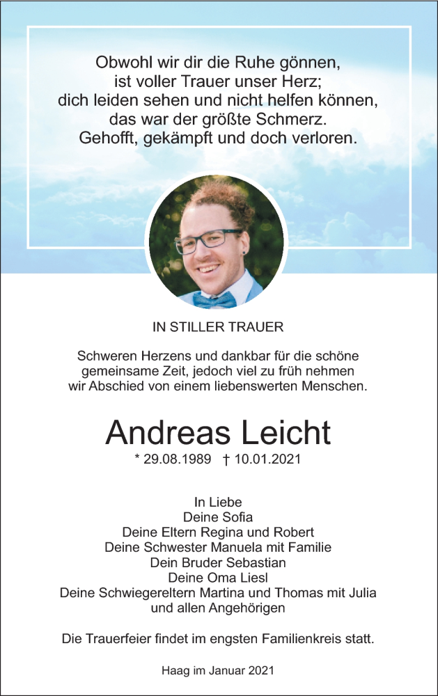  Traueranzeige für Andreas Leicht vom 13.01.2021 aus Nordbayerischer Kurier