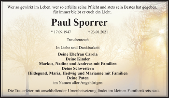 Anzeige von Paul Sporrer von Nordbayerischer Kurier