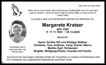 Anzeige von Margarete Kratzer von Nordbayerischer Kurier