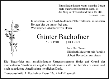 Anzeige von Günter Bachofner von Nordbayerischer Kurier