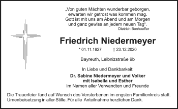Anzeige von Friedrich Niedermeyer von Nordbayerischer Kurier