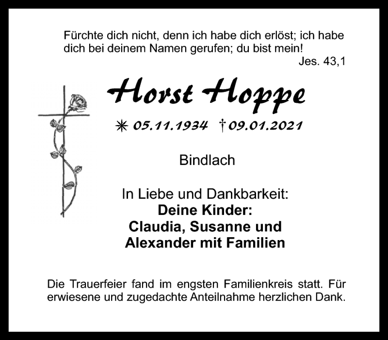  Traueranzeige für Horst Hoppe vom 16.01.2021 aus Nordbayerischer Kurier