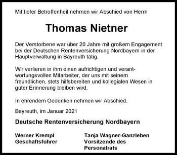 Anzeige von Thomas Nietner von Nordbayerischer Kurier
