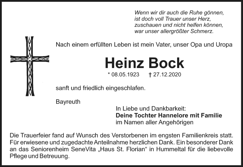  Traueranzeige für Heinz Bock vom 06.01.2021 aus Nordbayerischer Kurier