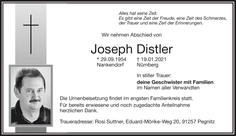  Traueranzeige für Joseph Distler vom 23.01.2021 aus Nordbayerischer Kurier