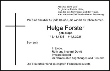Anzeige von Helga Forster von Nordbayerischer Kurier