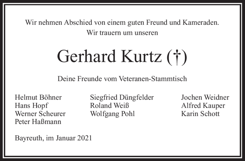  Traueranzeige für Gerhard Kurtz vom 09.01.2021 aus Nordbayerischer Kurier
