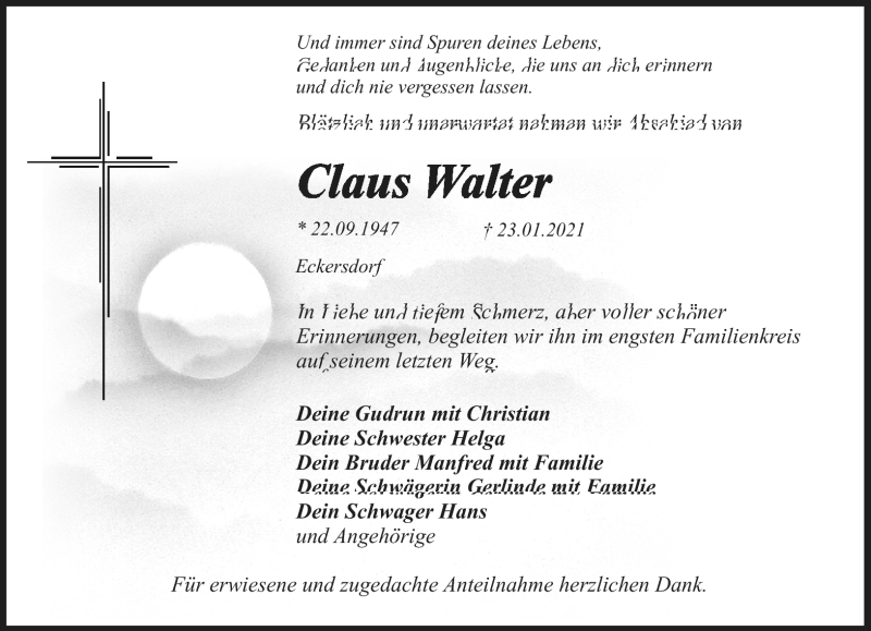  Traueranzeige für Claus Walter vom 30.01.2021 aus Nordbayerischer Kurier