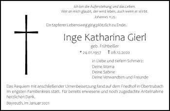 Anzeige von Inge Gierl von Nordbayerischer Kurier