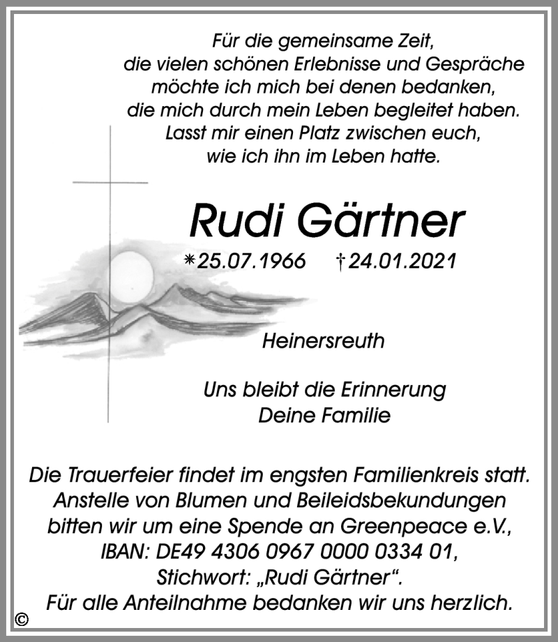  Traueranzeige für Rudi Gärnter vom 30.01.2021 aus Nordbayerischer Kurier