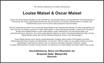 Anzeige von Louise und Oscar Maisel von Nordbayerischer Kurier