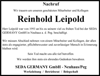 Anzeige von Reinhold Leipold von Nordbayerischer Kurier