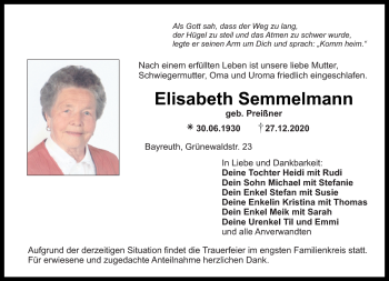 Anzeige von Elisabeth Semmelmann von Nordbayerischer Kurier