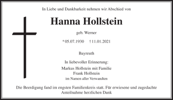 Anzeige von Hanna Hollstein von Nordbayerischer Kurier