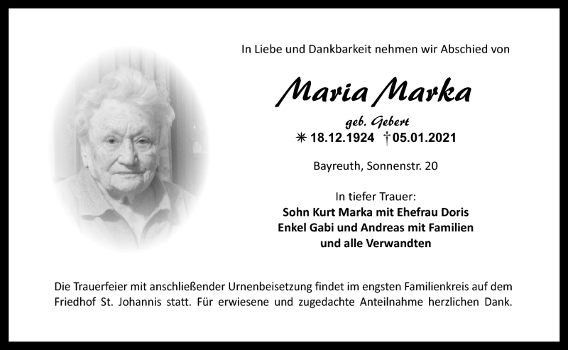  Traueranzeige für Maria Marka vom 09.01.2021 aus Nordbayerischer Kurier