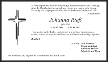 Anzeige von Johanna Rieß von Nordbayerischer Kurier