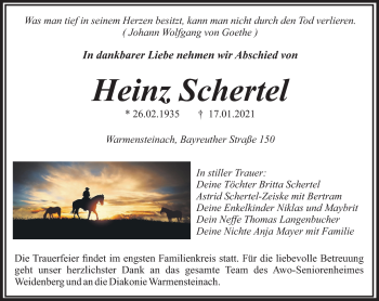 Anzeige von Heinz Schertel von Nordbayerischer Kurier