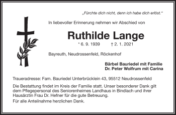 Anzeige von Ruthilde Lange von Nordbayerischer Kurier