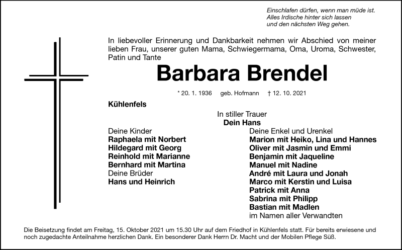  Traueranzeige für Barbara Brendel vom 13.10.2021 aus Nordbayerischer Kurier