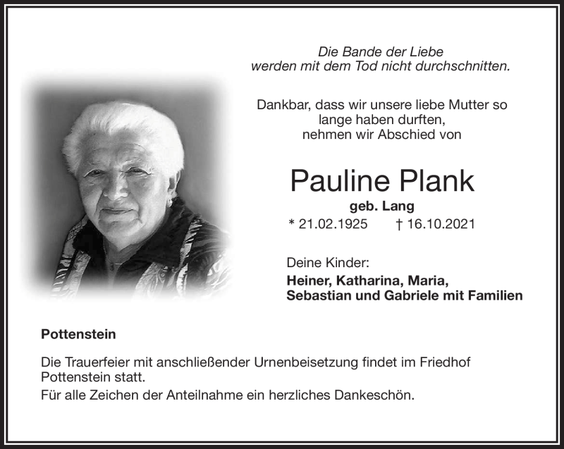  Traueranzeige für Pauline Planck vom 20.10.2021 aus Nordbayerischer Kurier