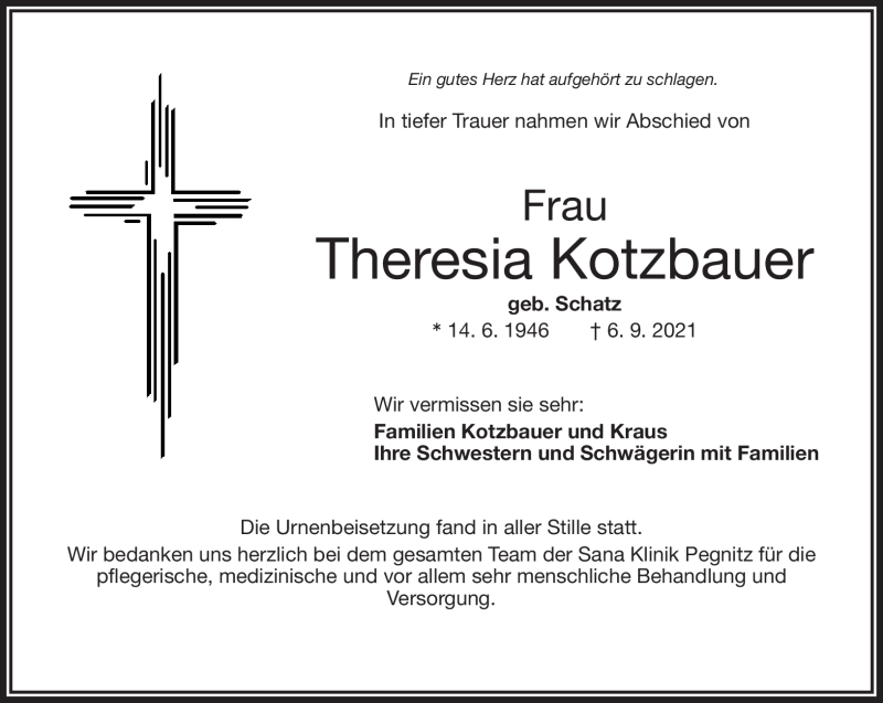  Traueranzeige für Theresia Kotzbauer vom 04.10.2021 aus Nordbayerischer Kurier
