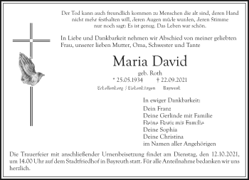 Anzeige von Maria David von Nordbayerischer Kurier