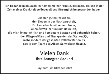 Anzeige von Annegret Gadkari von Nordbayerischer Kurier