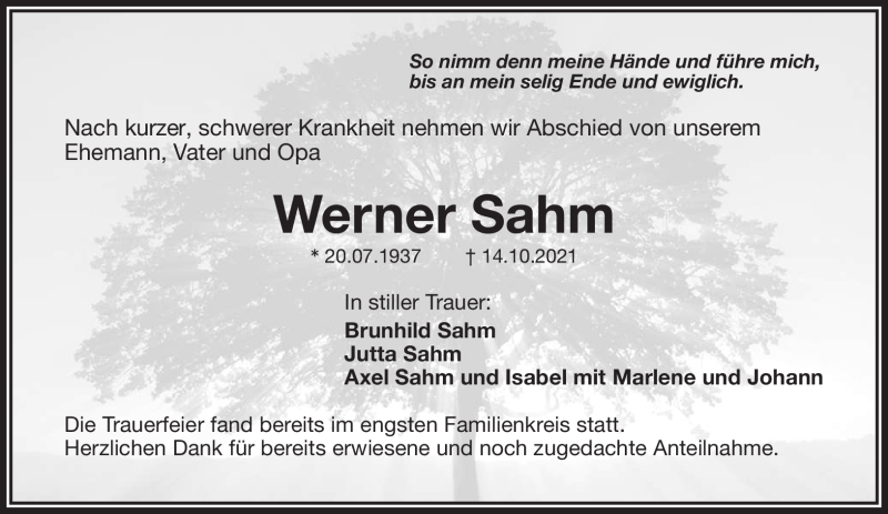  Traueranzeige für Werner Sahm vom 30.10.2021 aus Nordbayerischer Kurier