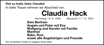 Anzeige von Claudia Hack von Nordbayerischer Kurier