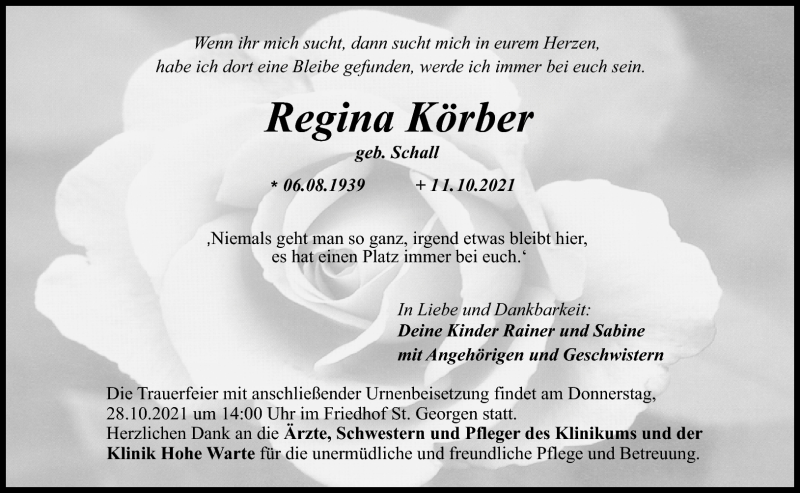  Traueranzeige für Regina Körber vom 23.10.2021 aus Nordbayerischer Kurier