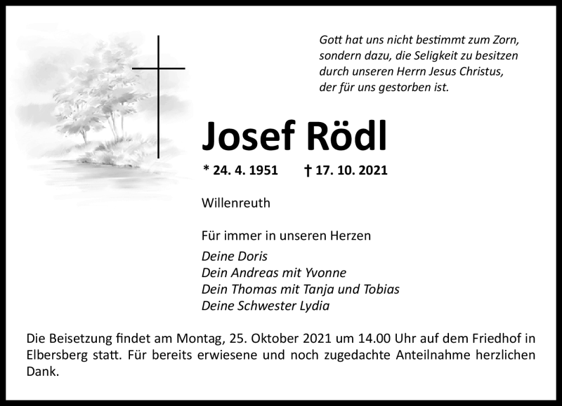  Traueranzeige für Josef Rödl vom 21.10.2021 aus Nordbayerischer Kurier