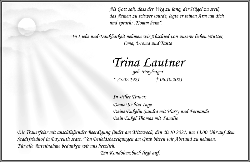  Traueranzeige für Trina Lautner vom 16.10.2021 aus Nordbayerischer Kurier