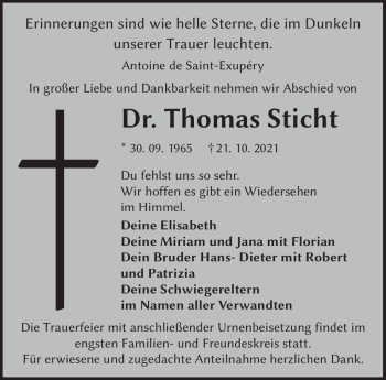 Anzeige von Dr. Thomas Sticht von Nordbayerischer Kurier