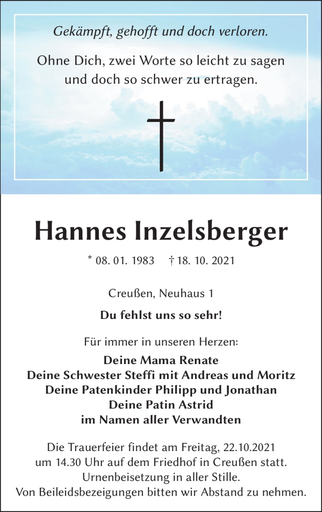  Traueranzeige für Hannes Inzelsberger vom 21.10.2021 aus Nordbayerischer Kurier